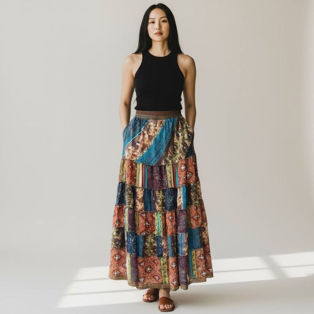Vtg The Pyramid Collection Boho Hippie Festival Patchwork Tiered Maxi Skirt M